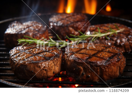 grilled meat steak and herbs cooked on fire as a barbecue, delicious food grilled meat steak and herbs cooked on fire as a barbecue, delicious food 118874209