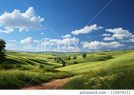 A beautiful summer or spring landscape with green grass on the hills and green fields. The blue sky is filled with white clouds and bright sunlight. Nature as a background. 118874211