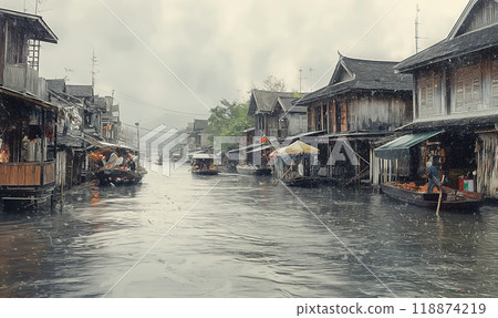 Flooded Street With Shops and Boats 118874219