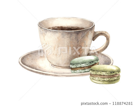 Ceramic mug with aromatic coffee and pistachio macaroons with chocolate filling. Watercolor composition of tea or breakfast with coffee, suitable for decorating shops, cafes, packaging, postcards Ceramic mug with aromatic coffee and pistachio macaroons with chocolate filling. Watercolor composition of tea or breakfast with coffee, suitable for decorating shops, cafes, packaging, postcards 118874281