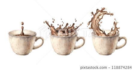A mug of aromatic hot coffee with splashes. Watercolor set of illustrations with mugs on an isolated background. The drawing is suitable for decorating coffee shops, restaurants, menus, postcards 118874284