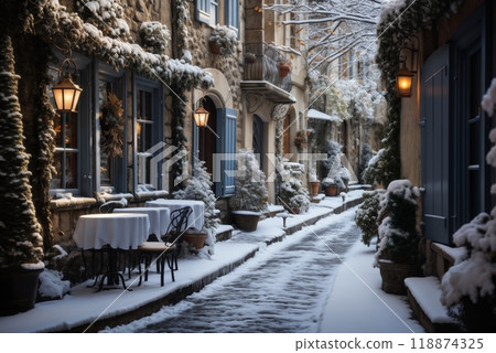 a city street in a winter, snow covered houses and trees, facades of houses decorated for Christmas or New Year, festive environment 118874325