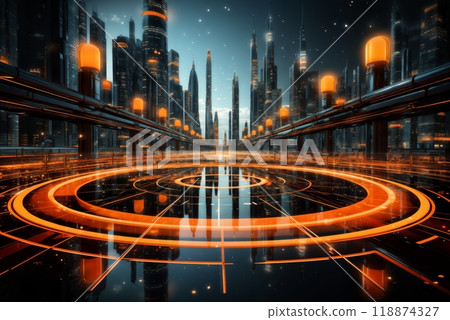 panorama of futuristic city with lights, cityscape, skyscrapers reflected in glass, building exteriors, red color 118874327