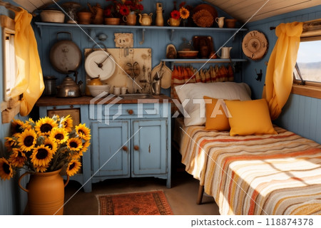 cozy interior of a small bedroom in a rural wooden house, with a bed and a bedside table 118874378