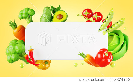 Vegetable banner frame 3d render. Summer sale poster template with border of fresh organic farm products on yellow background. Blank white paper card for recipe cooking or food menu. 3D illustration 118874500