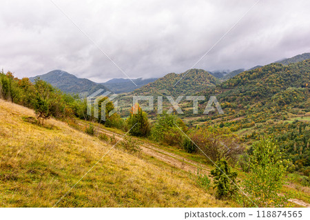 mountainous countryside of ukraine in fall season. cloudy weather. forest on the slope in colorful foliage. outdoor adventure 118874565