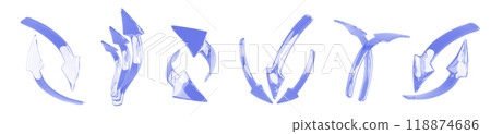 3d set of glass blue arrows isolated render icon. Realistic glossy curved direction pointer up, down, left and right. Double, triple and circle sign for navigation and infographic. 3D illustration 118874686