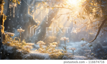 beautiful winter landscape, closeup of a snow covered forest, tree branches and grass with hoarfrost, bright sunlight and beautiful nature beautiful winter landscape, closeup of a snow covered forest, tree branches and grass with hoarfrost, bright sunlight and beautiful nature 118874716