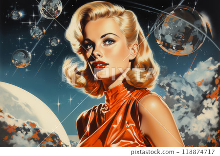 portrait of a fashionable blonde girl in a red dress, against the background of the starry sky and planets, in retro style 118874717