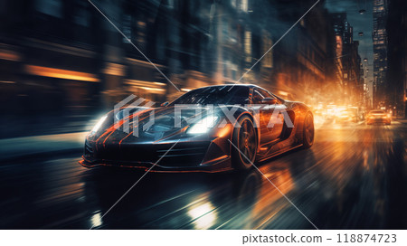 a modern high speed car rushes down the street of a night city, engulfed in flames or plasma, street lights, road, blurred motion 118874723