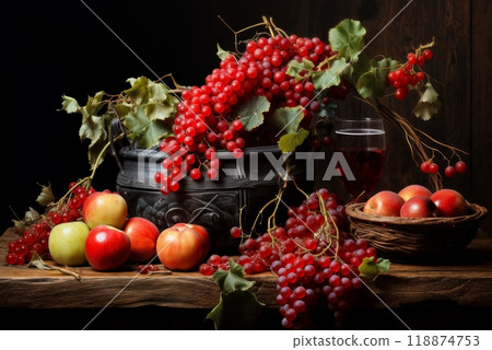 still life with bunches of grapes, berries and fresh and juicy fruits against a dark old wooden background, rural vintage style, the concept of fresh and healthy food 118874753