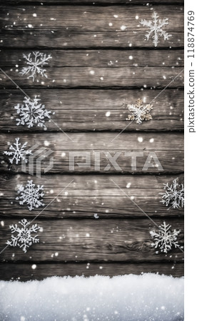 wooden background and snow for new year celebrations or Christmas decorations 118874769