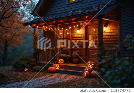 the porch of the house is decorated with pumpkins and decorations for the Halloween holiday at night, a rural house in the forest, autumn nature 118874771