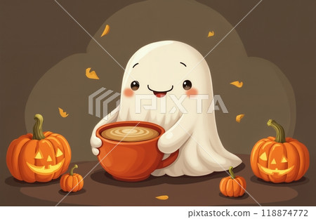 cute ghost enjoys a cup of latte, Halloween theme, autumn decorations 118874772