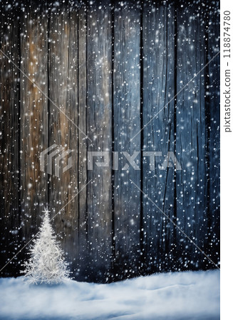 wooden background and snow for new year celebrations or Christmas decorations 118874780