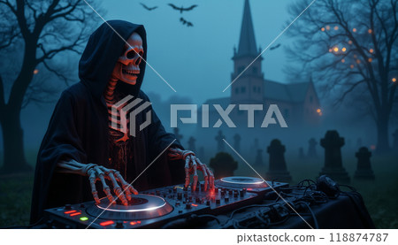 A skeleton DJ in a hoodie, making a party and playing on the DJ console, in a cemetery at night, against the background of a gloomy environment of nature and an old church A skeleton DJ in a hoodie, making a party and playing on the DJ console, in a cemetery at night, against the background of a gloomy environment of nature and an old church 118874787