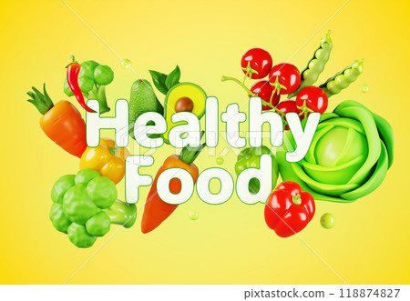 Healthy food poster 3d render. Organic farm products, flying vegetable on yellow background. Summer banner with fresh tomato, avocado, broccoli, pepper, carrot, green peas and cabbage. 3D illustration Healthy food poster 3d render. Organic farm products, flying vegetable on yellow background. Summer banner with fresh tomato, avocado, broccoli, pepper, carrot, green peas and cabbage. 3D illustration 118874827