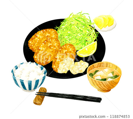 Oyster fried set meal (rice, miso soup, and pickles included) Hand-drawn watercolor illustration of food 118874853