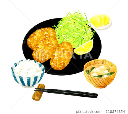 Oyster fried set meal (rice, miso soup, and pickles included) Hand-drawn watercolor illustration of food 118874854