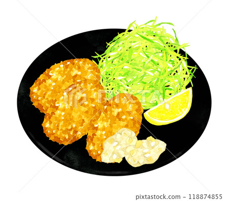 Fried oysters set meal (with tartar sauce) Hand-drawn watercolor illustration of food 118874855
