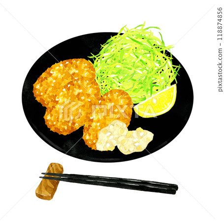 Fried oysters set meal (with tartar sauce) Hand-drawn watercolor illustration of food 118874856