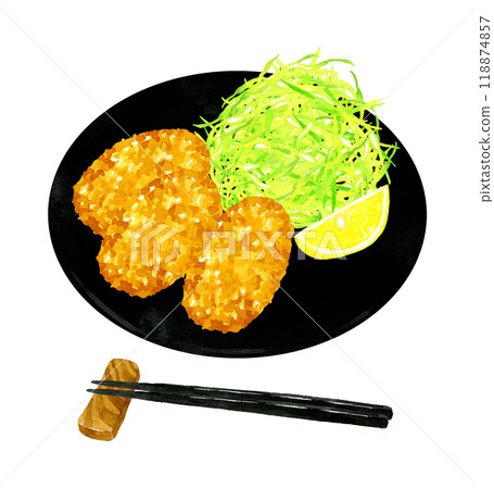 Fried oyster set meal Hand-drawn watercolor illustration of cuisine and food 118874857