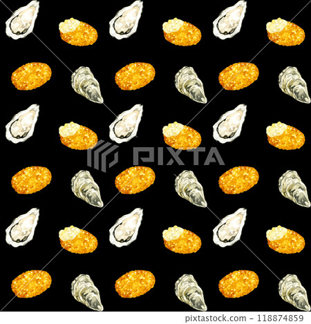 Seamless pattern of oysters and fried oysters. Hand-drawn watercolor illustration food pattern 118874859