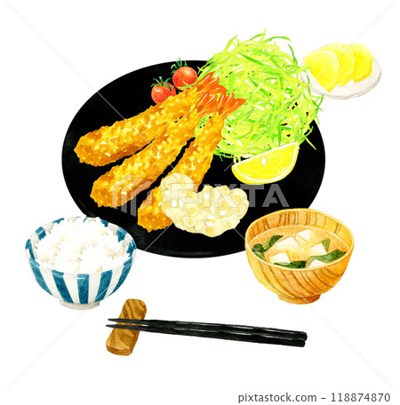 炸蝦套餐(還包括米飯、味噌湯和泡菜) 手繪水彩烹飪和食物插圖 炸蝦套餐(還包括米飯、味噌湯和泡菜) 手繪水彩烹飪和食物插圖 118874870