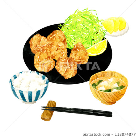 炸雞套餐(還包括米飯、味噌湯和泡菜) 菜餚和食物的手繪水彩插圖 炸雞套餐(還包括米飯、味噌湯和泡菜) 菜餚和食物的手繪水彩插圖 118874877