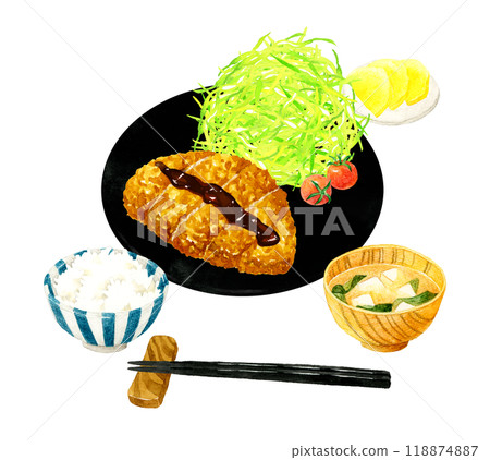 炸豬排套餐（附米飯、口味增湯、鹹菜） 手繪水彩插畫的烹調與食物 118874887