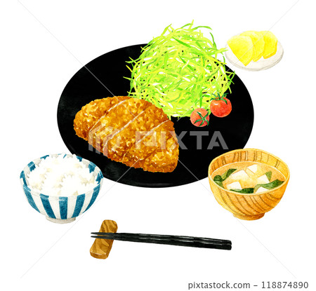 炸豬排套餐(附米飯、口味增湯、鹹菜) 手繪水彩插畫的烹調與食物 炸豬排套餐(附米飯、口味增湯、鹹菜) 手繪水彩插畫的烹調與食物 118874890