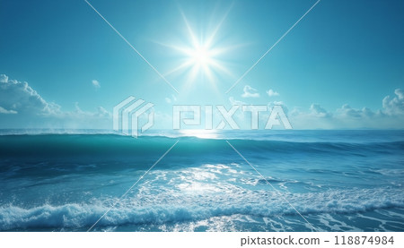 a beautiful ocean wave and sun, against a blue sky background, a paradise seascape 118874984