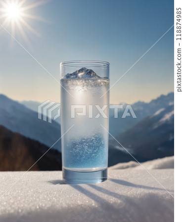 a glass filled with clean drinking water in the snow, against the background of a beautiful winter landscape, nature with mountains, fresh and cool a glass filled with clean drinking water in the snow, against the background of a beautiful winter landscape, nature with mountains, fresh and cool 118874985
