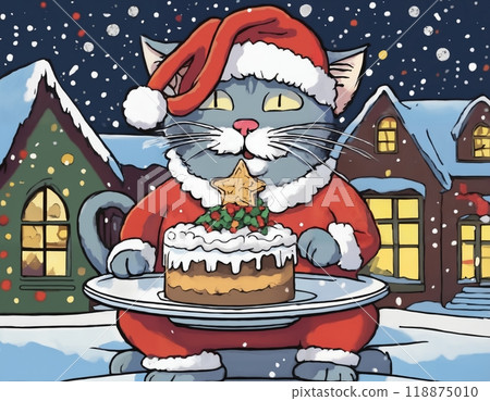 cat and Christmas cake, with decorations for New Year holidays, festive background, winter fairy tale cat and Christmas cake, with decorations for New Year holidays, festive background, winter fairy tale 118875010