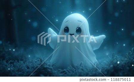 Cute ghost in the night forest in a glade, darkness and moonlight, Halloween theme Cute ghost in the night forest in a glade, darkness and moonlight, Halloween theme 118875011