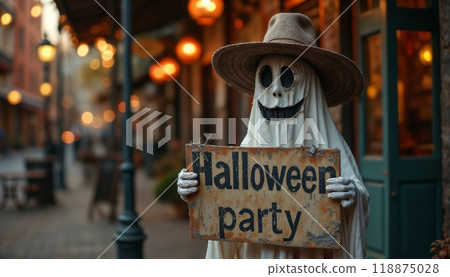 a ghost with a banner for a Halloween party on a city street near a pub or salon, an inscription on a wooden board in vintage style 118875028