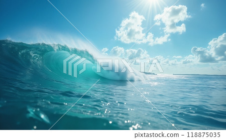 a large and beautiful ocean wave, against a blue sky background, a paradise seascape 118875035