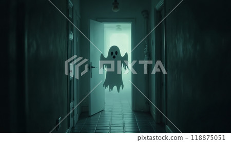 A ghost in the doorway of a dark hallway, on Halloween night, dark and scary 118875051