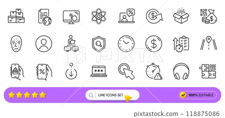 Qr code, Work home and Scroll down line icons for web app. Pack of Touch screen, Dollar money, Time pictogram icons. Click here, Face biometrics, Wholesale goods signs. Headshot. Search bar. Vector 118875086