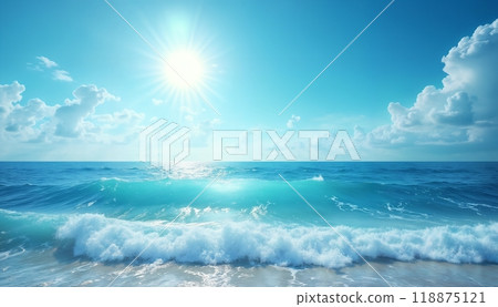 a beautiful ocean wave and sun, against a blue sky background, a paradise seascape 118875121