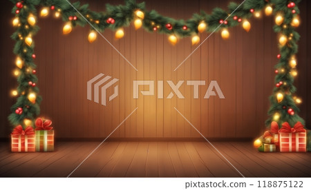 Christmas decorations and gifts and garland on a wall background for new year celebrations, winter fairy tale 118875122