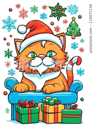 cat and Christmas cake, with decorations for New Year holidays, festive background, winter fairy tale 118875148