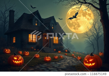 a house is decorated with pumpkins and decorations for the Halloween holiday at night, a rural house in the forest, autumn nature 118875149