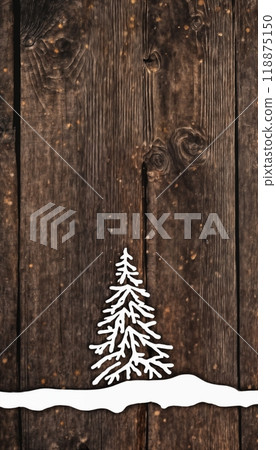 wooden background and fir tree for new year celebrations or Christmas decorations 118875150