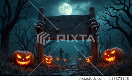 the skeleton's hands hold a sign at the entrance to the cemetery, moonlight and a fabulous atmosphere in a dark forest, pumpkins and bats, a gloomy Halloween setting 118875198