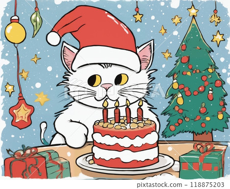 cat and Christmas cake, with decorations for New Year holidays, festive background, winter fairy tale 118875203