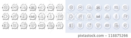 Pillow, Shoulder strap and Replacement line icons. White pin 3d buttons, chat bubbles icons. Pack of Wine bottle, Rotation gesture, Puzzle icon. Vector 118875266