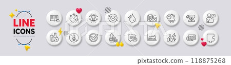 Puzzle, Accounting report and New message line icons. White buttons 3d icons. Pack of Approved, Trade chart, Bitcoin chart icon. Electricity price, Inflation, Timer pictogram. Vector Puzzle, Accounting report and New message line icons. White buttons 3d icons. Pack of Approved, Trade chart, Bitcoin chart icon. Electricity price, Inflation, Timer pictogram. Vector 118875268