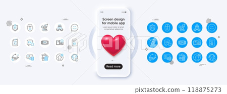 Phone mockup with 3d heart icon. File settings, Canister and Smile chat line icons. Pack of Card, Internet, Image carousel icon. Ph neutral, English, Microscope pictogram. Vector 118875273