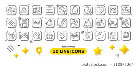 Lingerie, Grilled steak and Timer line icons pack. 3d design elements. Tool case, Edit, Paper clip web icon. Fraud, Hot sale, Coffee pictogram. Cake, Fast verification , Line graph. Vector 118875304